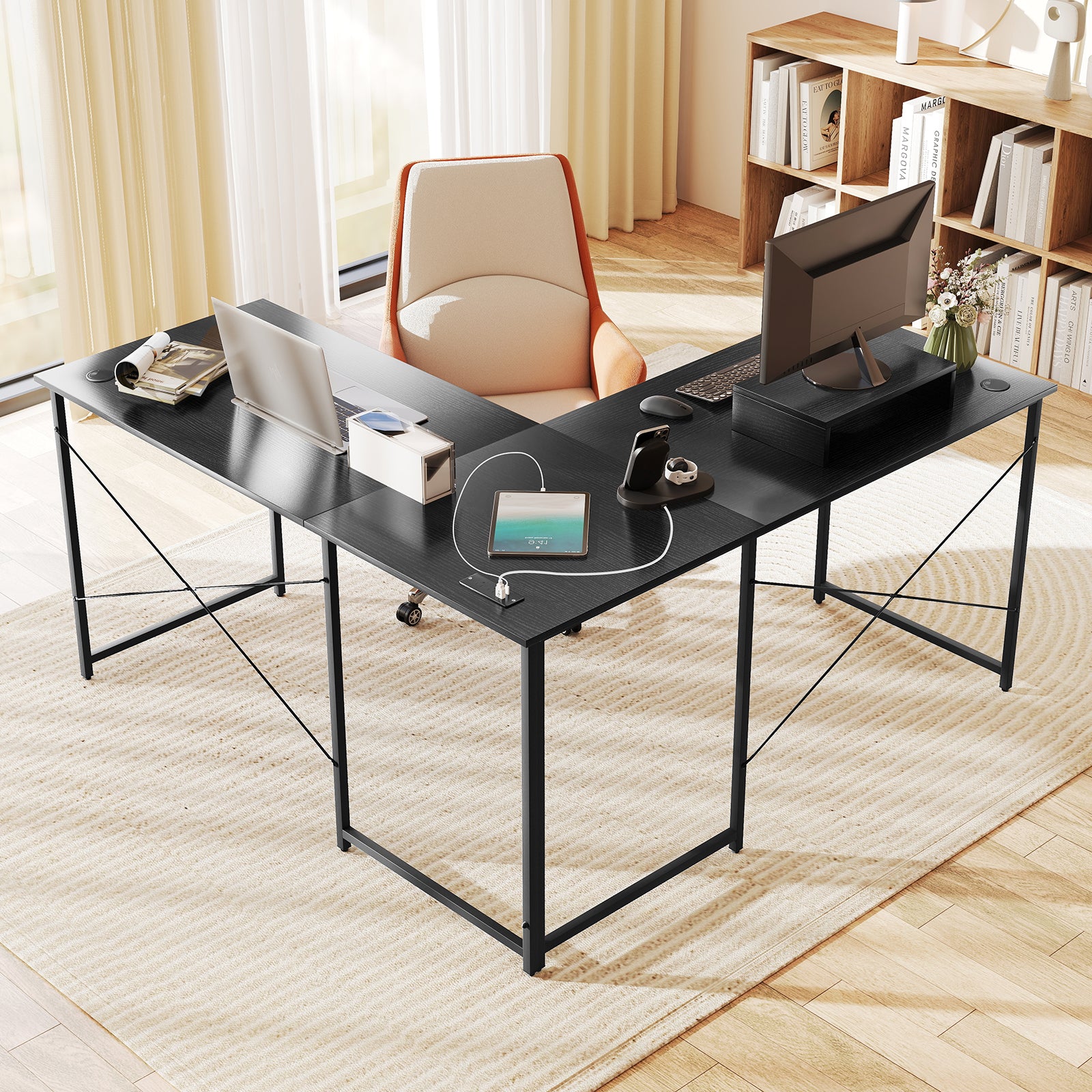 95 Inch 2-Person L-Shaped Long Reversible Computer Desk with Monitor Stand, Black L-Shaped Desks at Gallery Canada