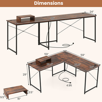 95 Inch 2-Person L-Shaped Long Reversible Computer Desk with Monitor Stand, Rustic Brown L-Shaped Desks at Gallery Canada