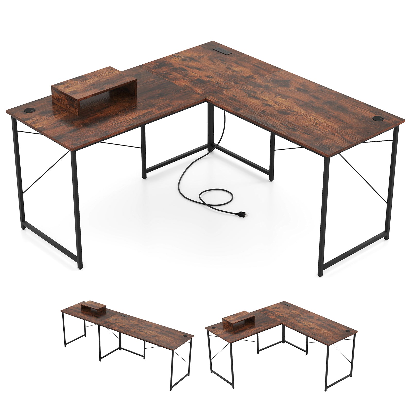 95 Inch 2-Person L-Shaped Long Reversible Computer Desk with Monitor Stand, Rustic Brown L-Shaped Desks Rustic Brown at Gallery Canada