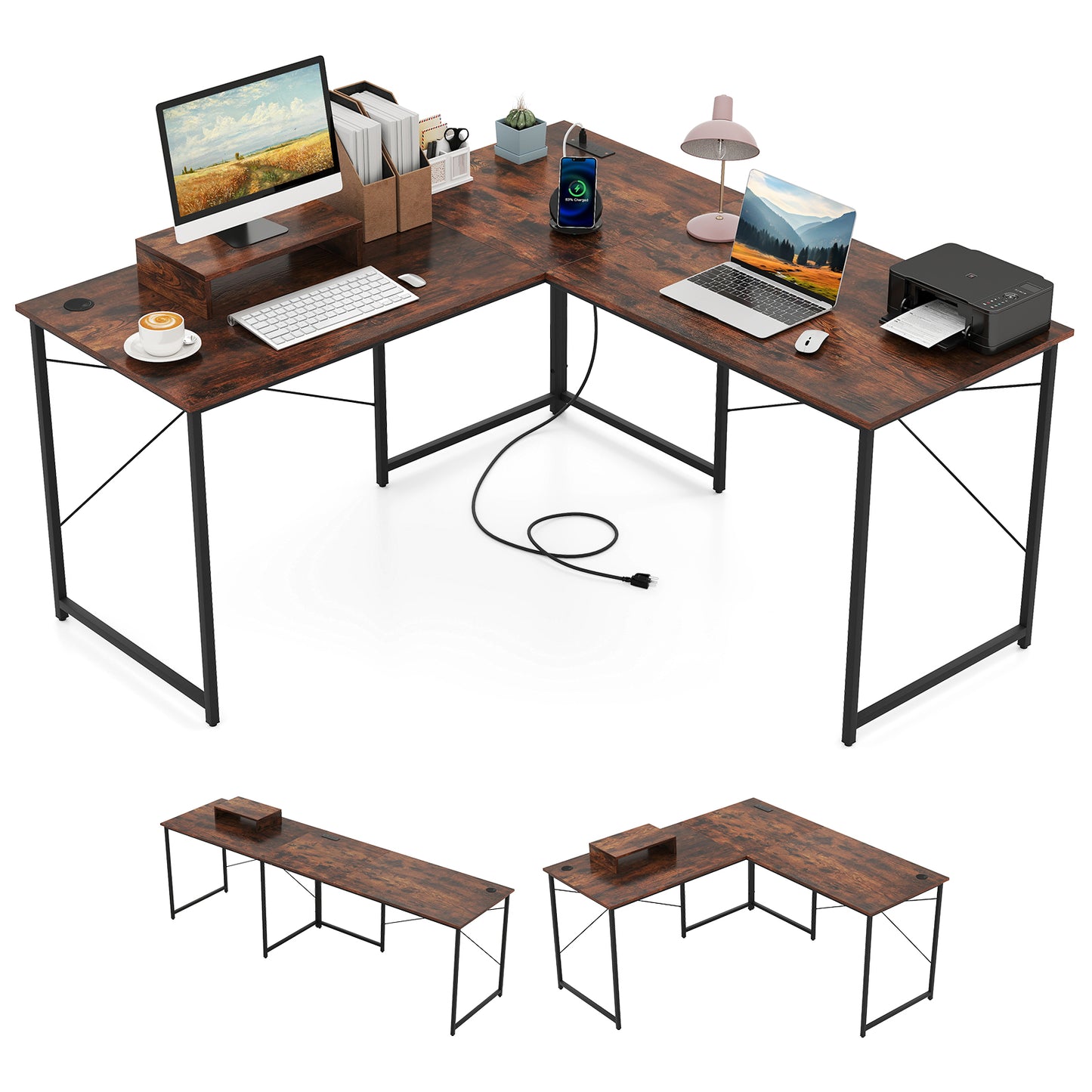 95 Inch 2-Person L-Shaped Long Reversible Computer Desk with Monitor Stand, Rustic Brown L-Shaped Desks at Gallery Canada