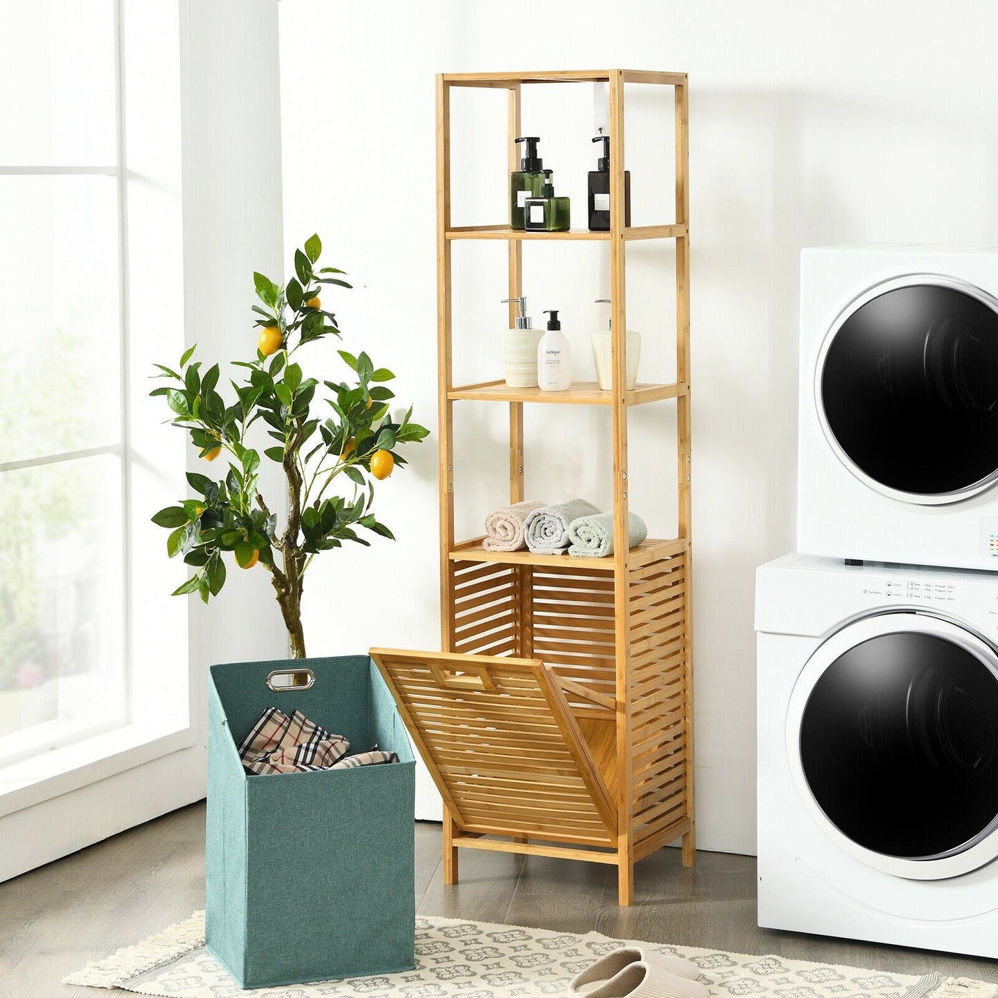 Bamboo Tower Hamper Organizer with 3-Tier Storage Shelves, Natural Floor Cabinets at Gallery Canada