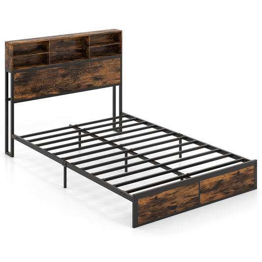 Full King Size Bed Frame, Storage Headboard, Industrial Metal Platform, Rustic Brown Simple Bed Frame Rustic Brown at Gallery Canada