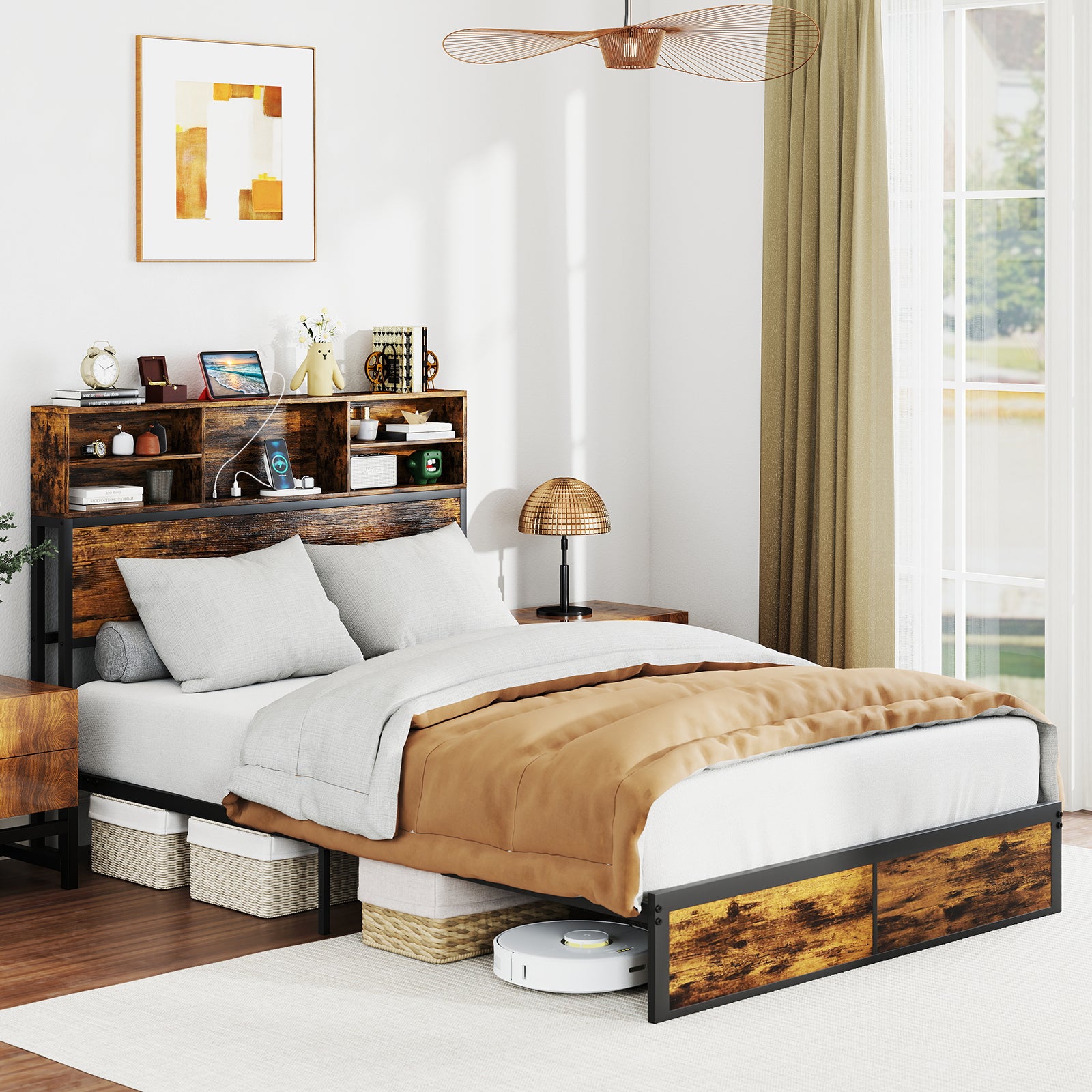 Full King Size Bed Frame, Storage Headboard, Industrial Metal Platform, Rustic Brown Simple Bed Frame at Gallery Canada