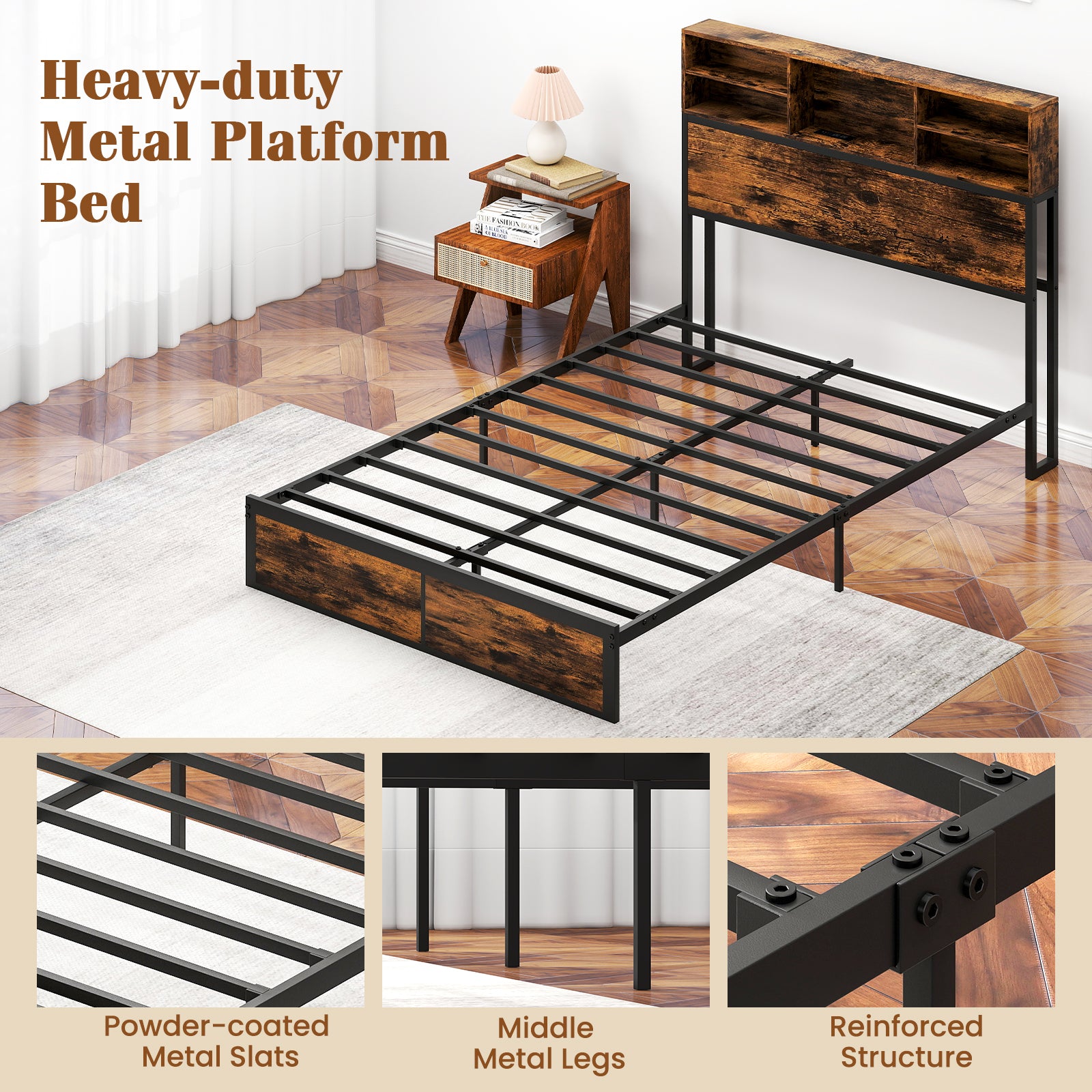 Full King Size Bed Frame, Storage Headboard, Industrial Metal Platform, Rustic Brown Simple Bed Frame at Gallery Canada