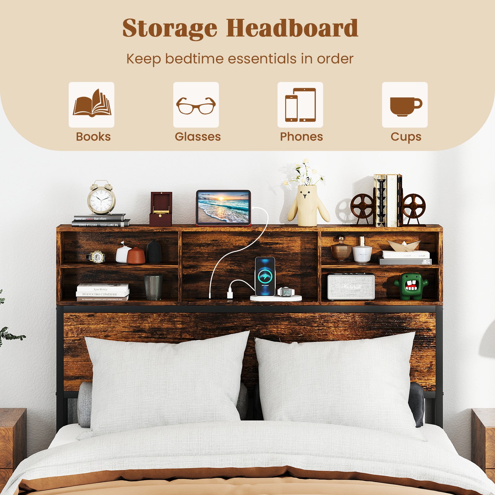 Full King Size Bed Frame, Storage Headboard, Industrial Metal Platform, Rustic Brown Simple Bed Frame at Gallery Canada