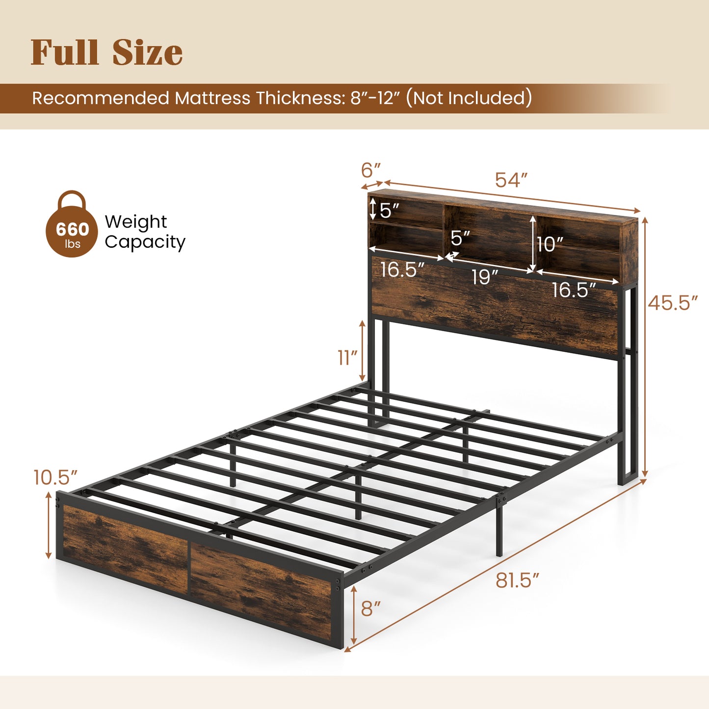 Full King Size Bed Frame, Storage Headboard, Industrial Metal Platform, Rustic Brown Simple Bed Frame at Gallery Canada