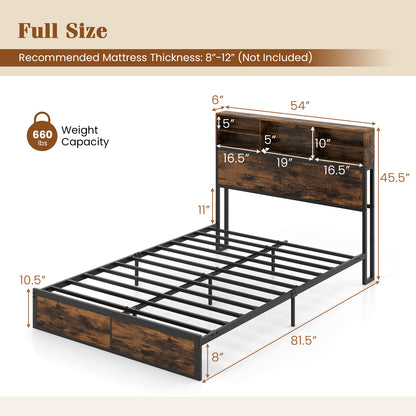 Full King Size Bed Frame, Storage Headboard, Industrial Metal Platform, Rustic Brown Simple Bed Frame at Gallery Canada