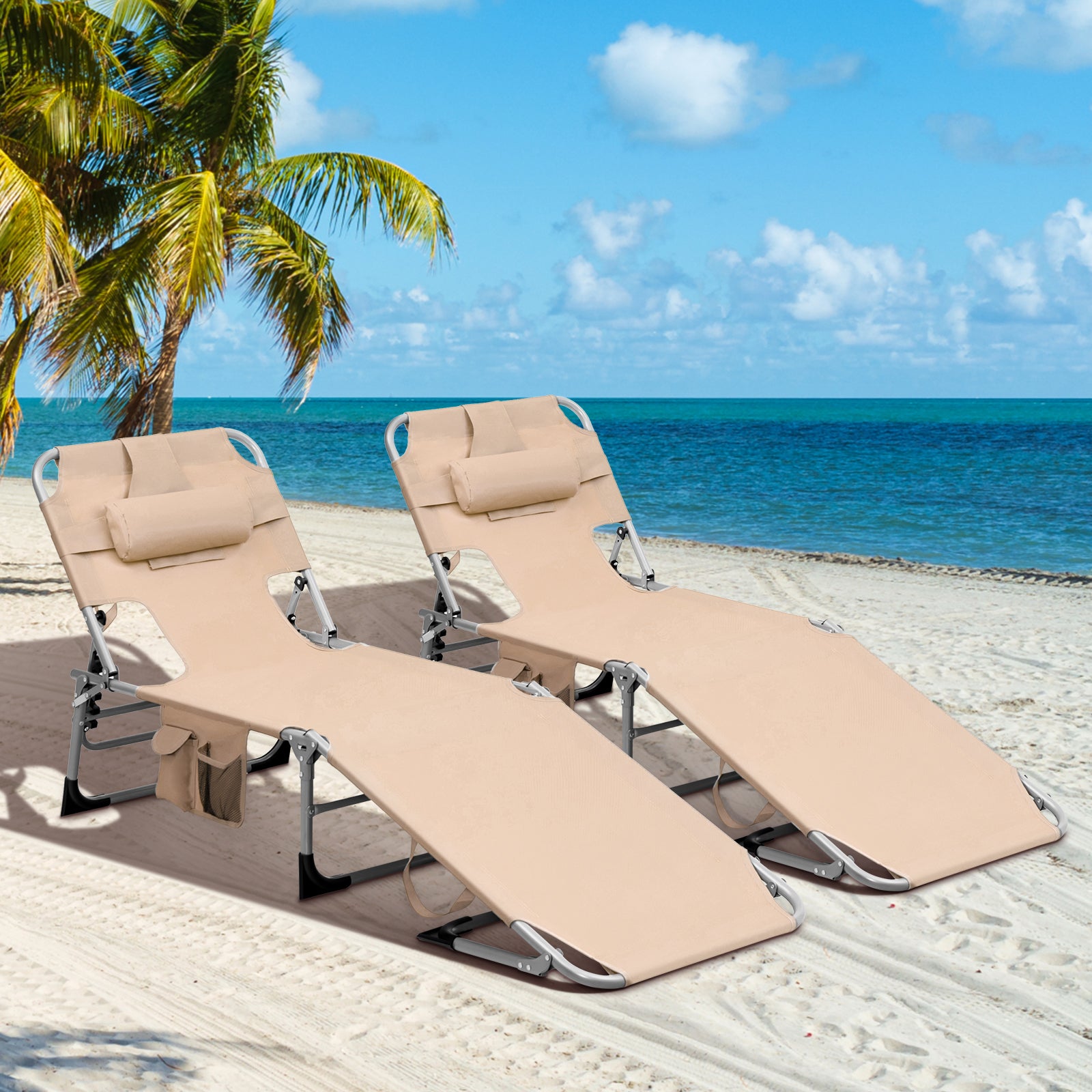 Portable Chaise Lounge Tanning Chair with 5-Position Adjustable Backrest, Beige Outdoor Chaise Lounges at Gallery Canada