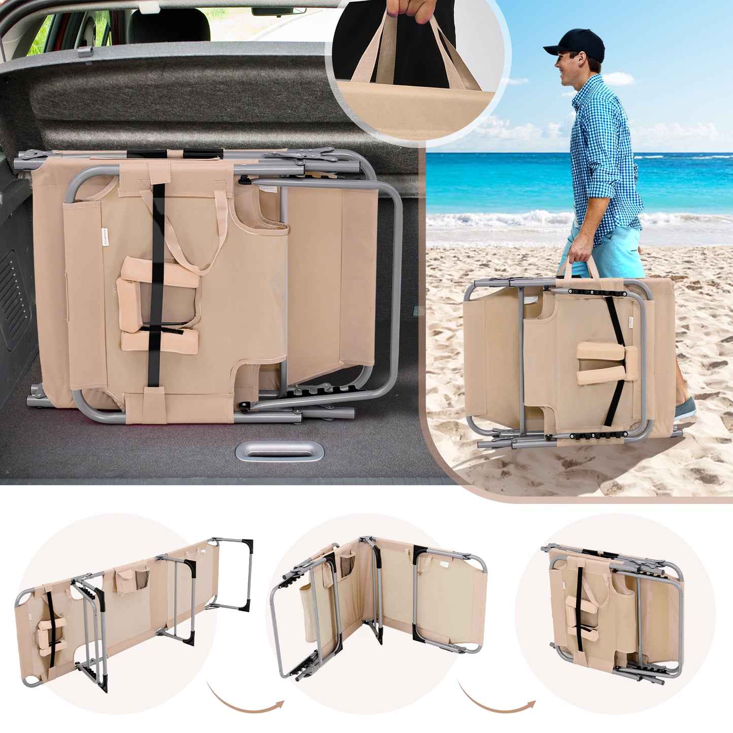 Portable Chaise Lounge Tanning Chair with 5-Position Adjustable Backrest, Beige Outdoor Chaise Lounges at Gallery Canada