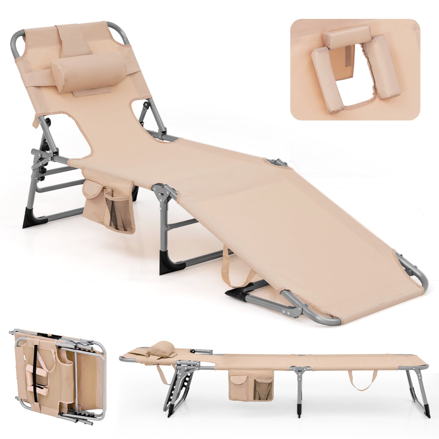 Portable Chaise Lounge Tanning Chair with 5-Position Adjustable Backrest, Beige Outdoor Chaise Lounges Beige at Gallery Canada