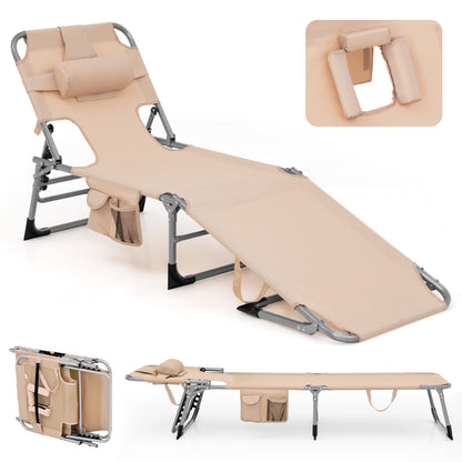 Portable Chaise Lounge Tanning Chair with 5-Position Adjustable Backrest, Beige Outdoor Chaise Lounges Beige at Gallery Canada