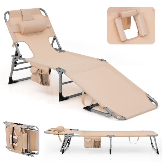 Portable Chaise Lounge Tanning Chair with 5-Position Adjustable Backrest, Beige Outdoor Chaise Lounges Beige at Gallery Canada