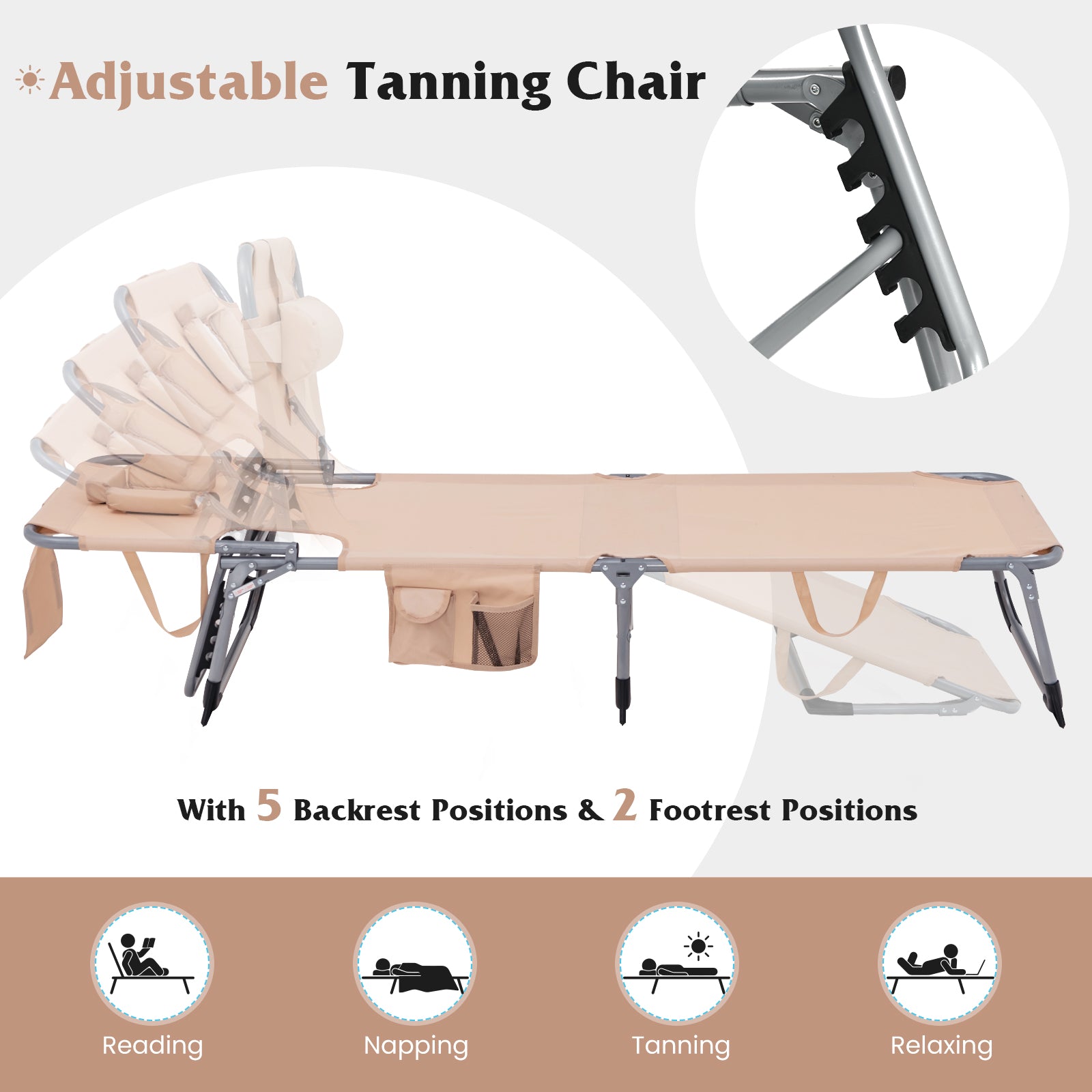 Portable Chaise Lounge Tanning Chair with 5-Position Adjustable Backrest, Beige Outdoor Chaise Lounges at Gallery Canada