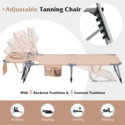 Portable Chaise Lounge Tanning Chair with 5-Position Adjustable Backrest, Beige Outdoor Chaise Lounges at Gallery Canada