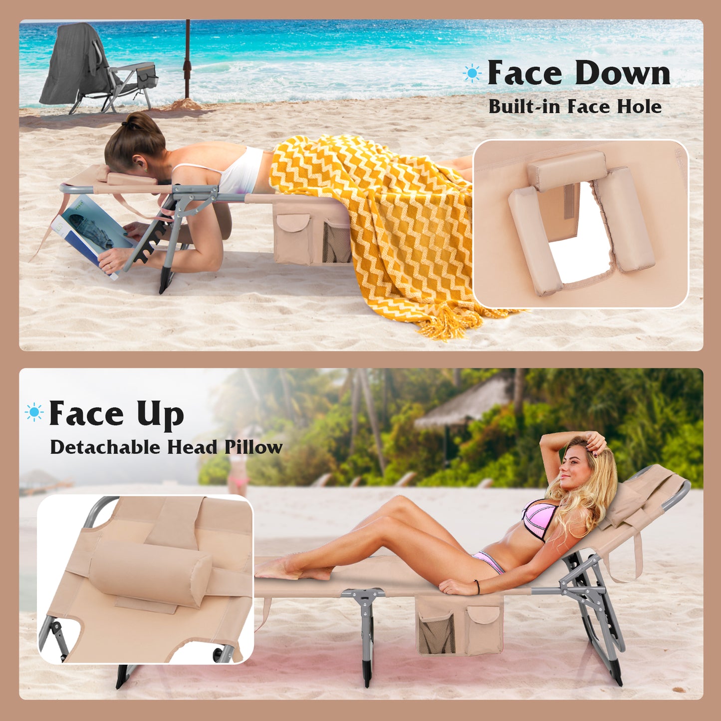 Portable Chaise Lounge Tanning Chair with 5-Position Adjustable Backrest, Beige Outdoor Chaise Lounges at Gallery Canada