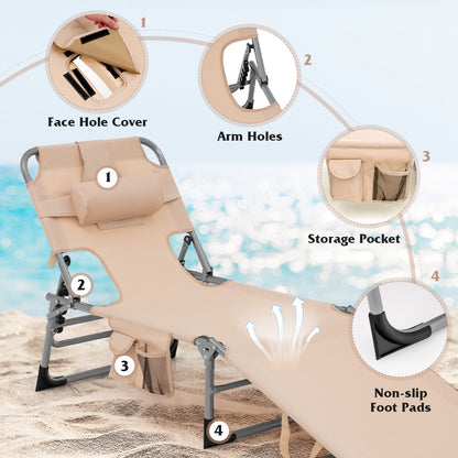 Portable Chaise Lounge Tanning Chair with 5-Position Adjustable Backrest, Beige Outdoor Chaise Lounges at Gallery Canada