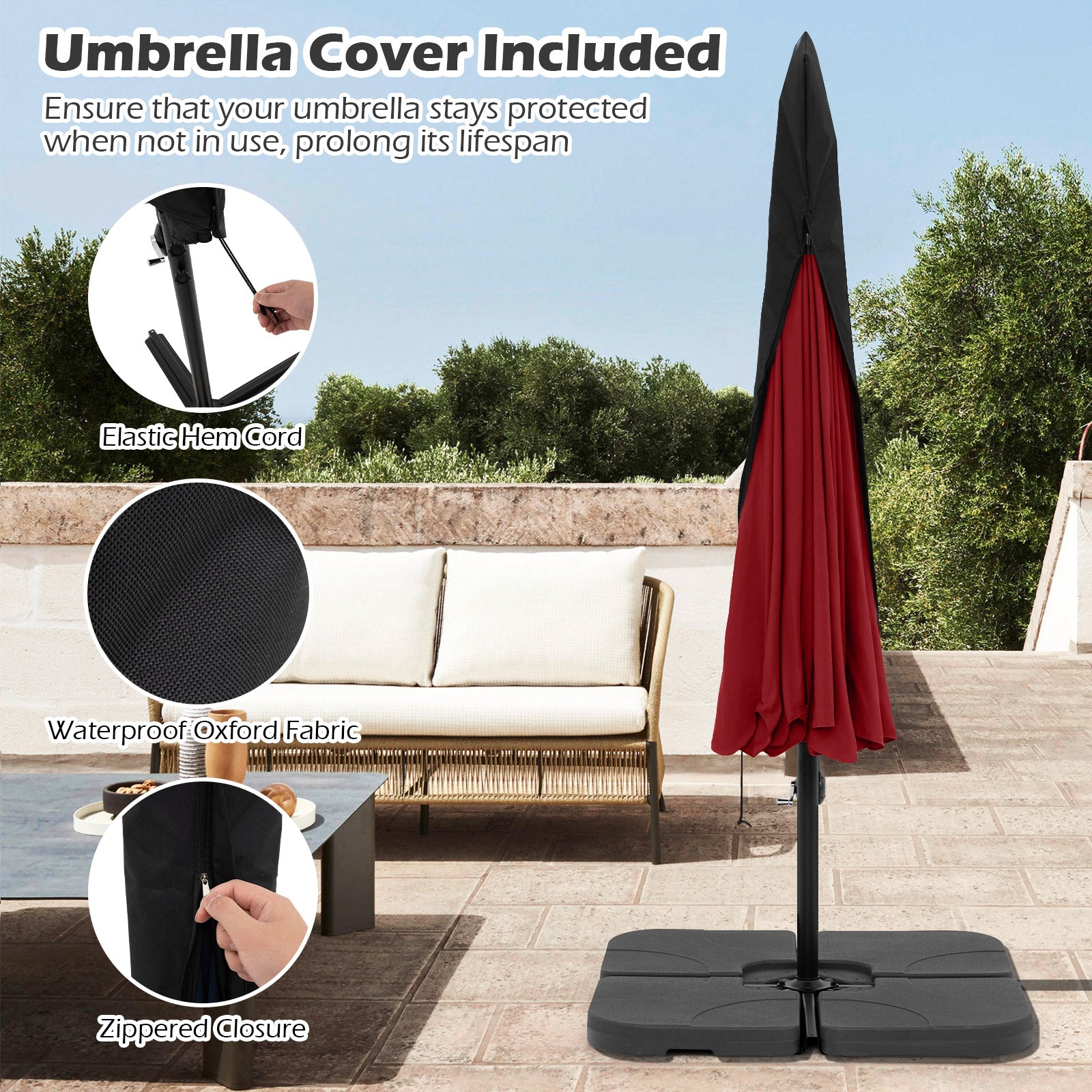 10 Feet Patio Cantilever Umbrella with Cover Tilt Adjustment and Ruffled Edge, Wine Outdoor Umbrellas at Gallery Canada
