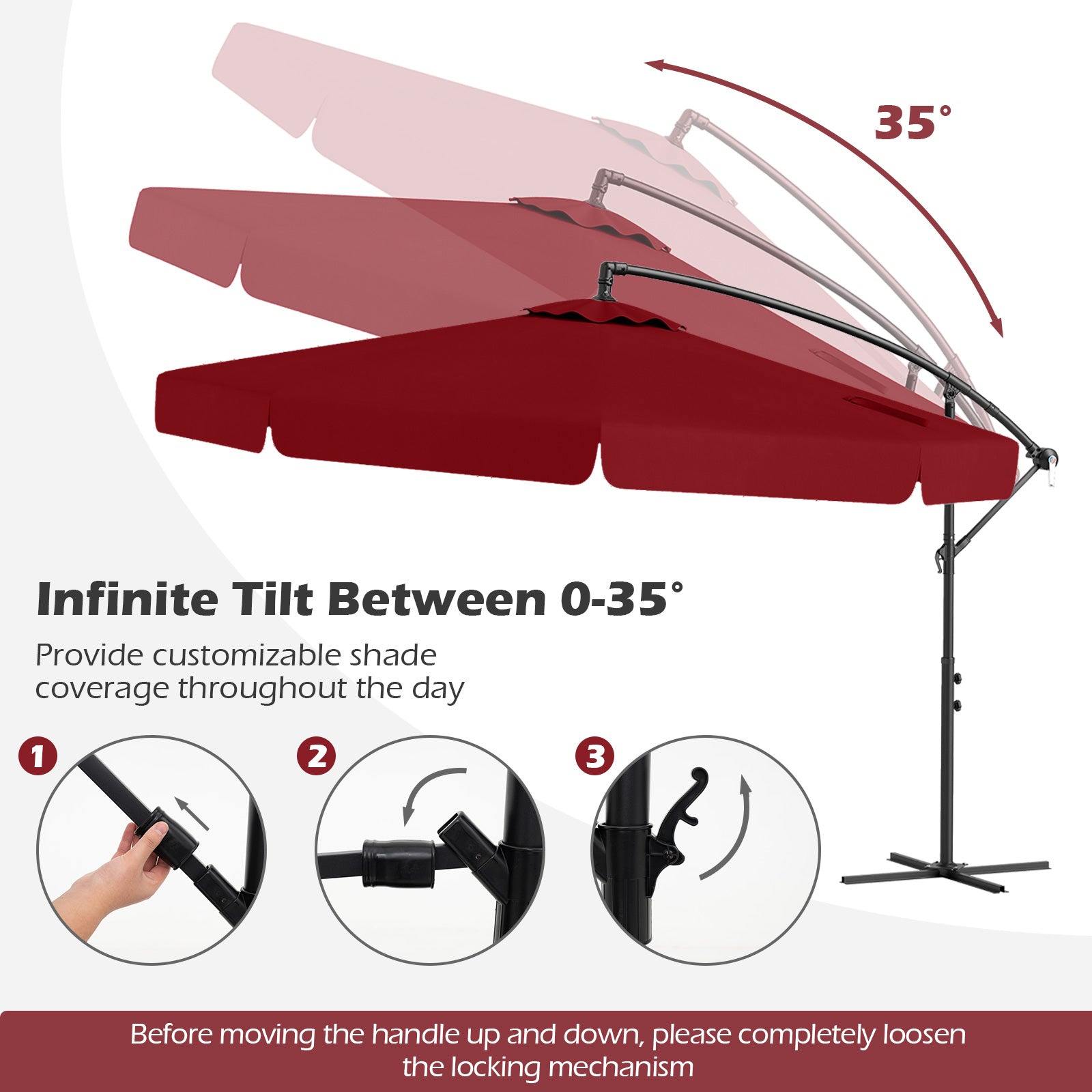10 Feet Patio Cantilever Umbrella with Cover Tilt Adjustment and Ruffled Edge, Wine Outdoor Umbrellas at Gallery Canada