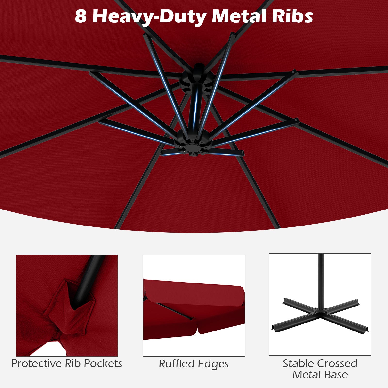 10 Feet Patio Cantilever Umbrella with Cover Tilt Adjustment and Ruffled Edge, Wine Outdoor Umbrellas at Gallery Canada