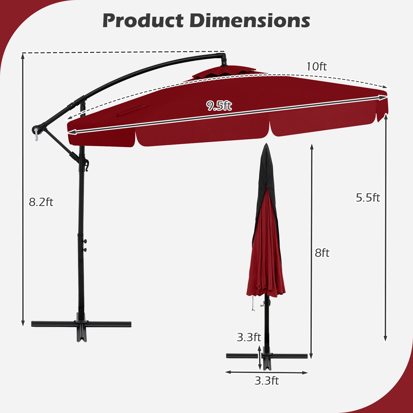 10 Feet Patio Cantilever Umbrella, Tilt Adjustment, Ruffled Edge, Wine Outdoor Umbrellas at Gallery Canada