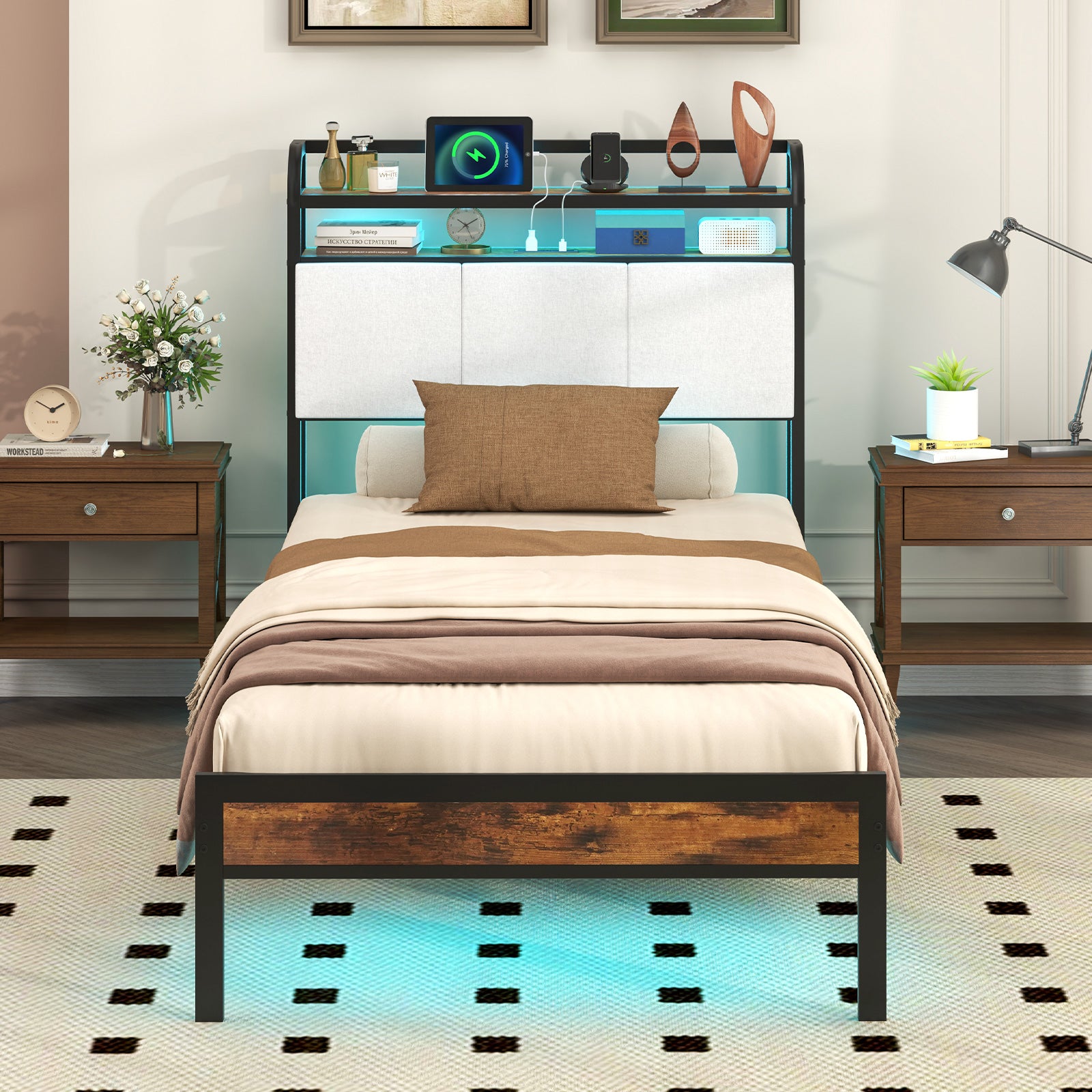 Twin/Full/Queen/King Size Bed Frame with LED Light and Charging Station-Twin Size, Gray Simple Bed Frame at Gallery Canada