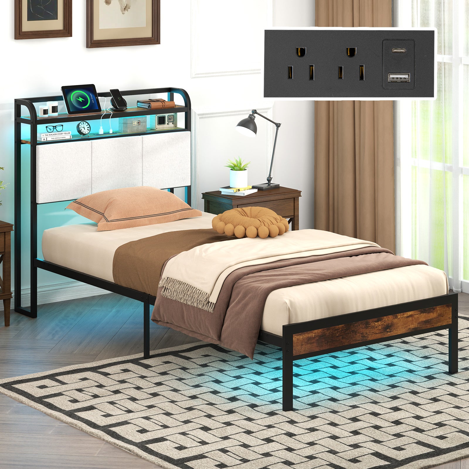 Twin/Full/Queen/King Size Bed Frame with LED Light and Charging Station-Twin Size, Gray Simple Bed Frame at Gallery Canada