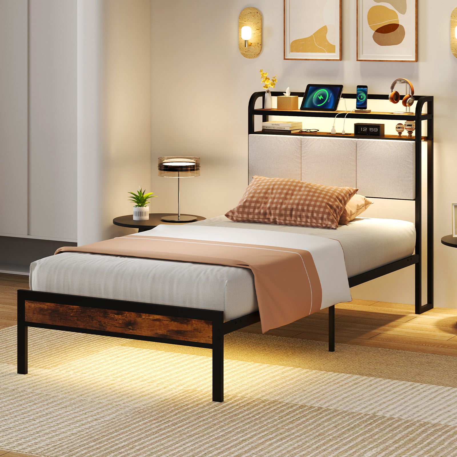 Twin/Full/Queen/King Size Bed Frame with LED Light and Charging Station-Twin Size, Gray Simple Bed Frame at Gallery Canada