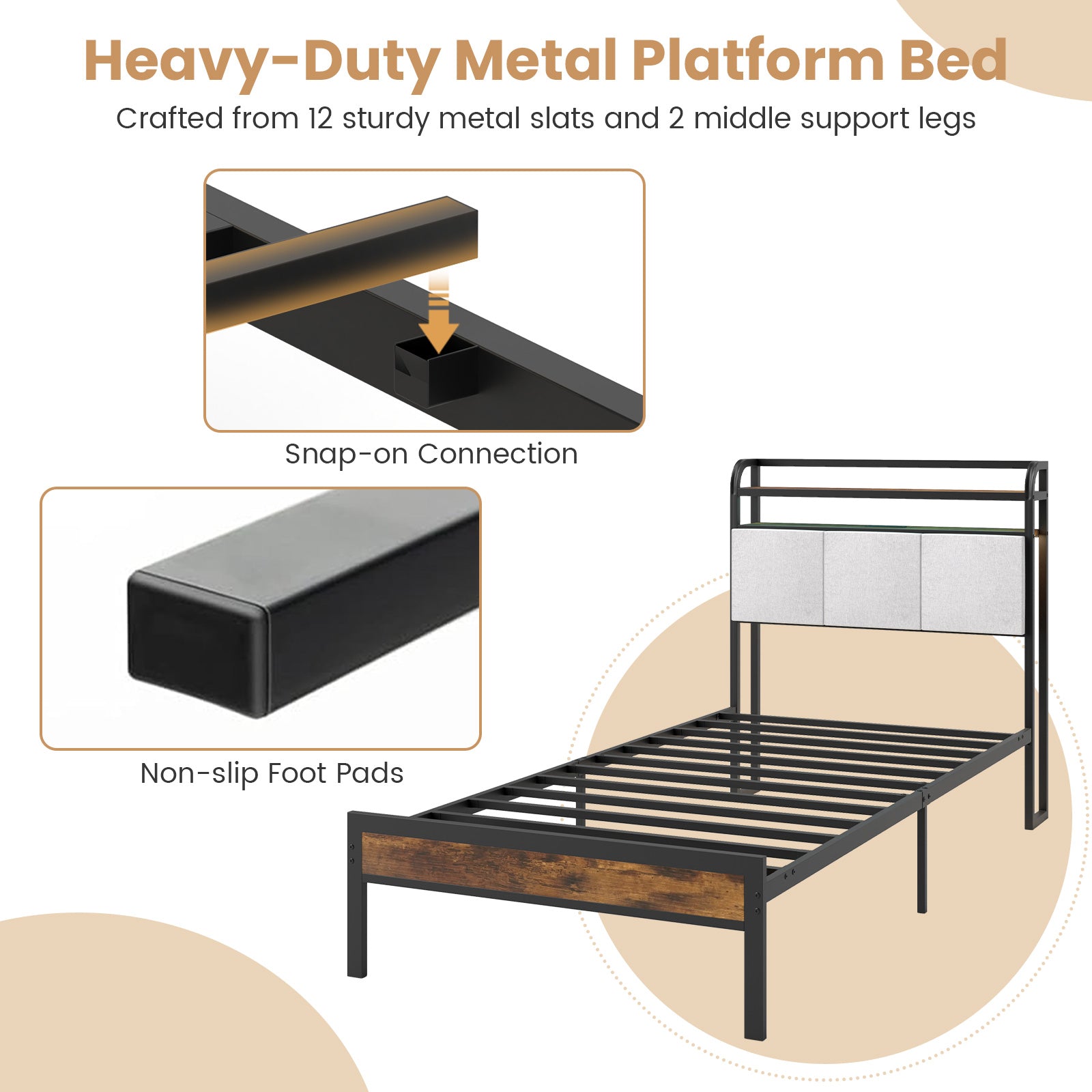 Twin/Full/Queen/King Size Bed Frame with LED Light and Charging Station-Twin Size, Gray Simple Bed Frame at Gallery Canada