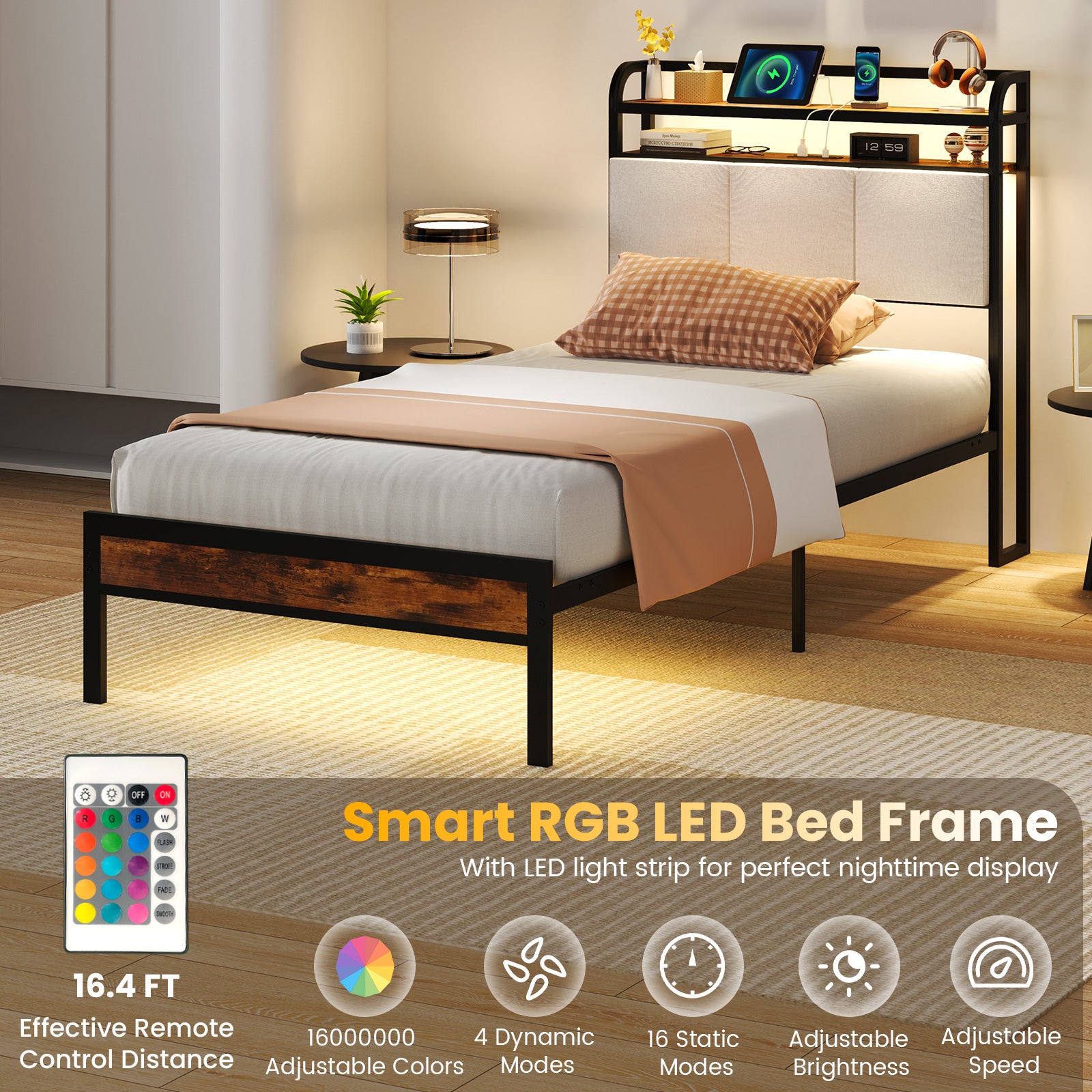 Twin/Full/Queen/King Size Bed Frame with LED Light and Charging Station-Twin Size, Gray Simple Bed Frame at Gallery Canada