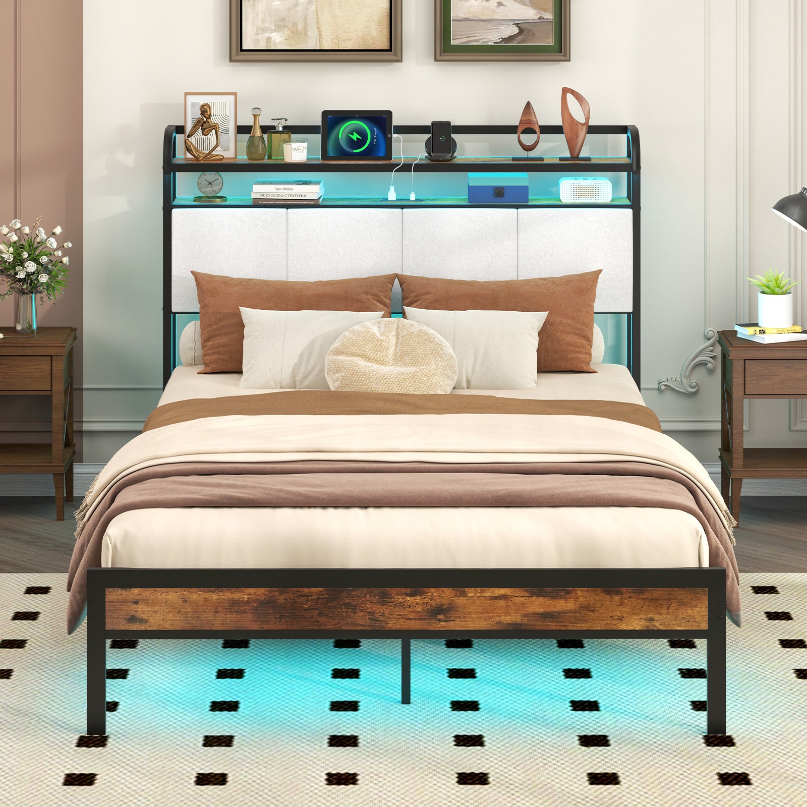 Twin/Full/Queen/King Size Bed Frame with LED Light and Charging Station-Full Size, Gray Simple Bed Frame at Gallery Canada