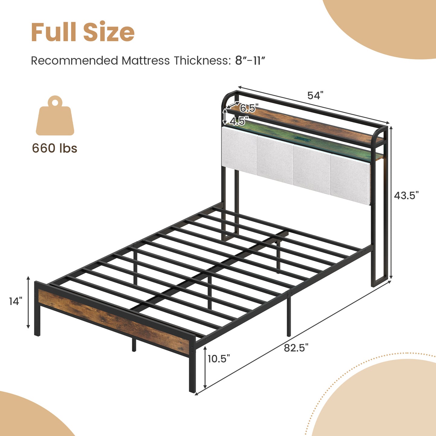 Twin/Full/Queen/King Size Bed Frame with LED Light and Charging Station-Full Size, Gray Simple Bed Frame at Gallery Canada