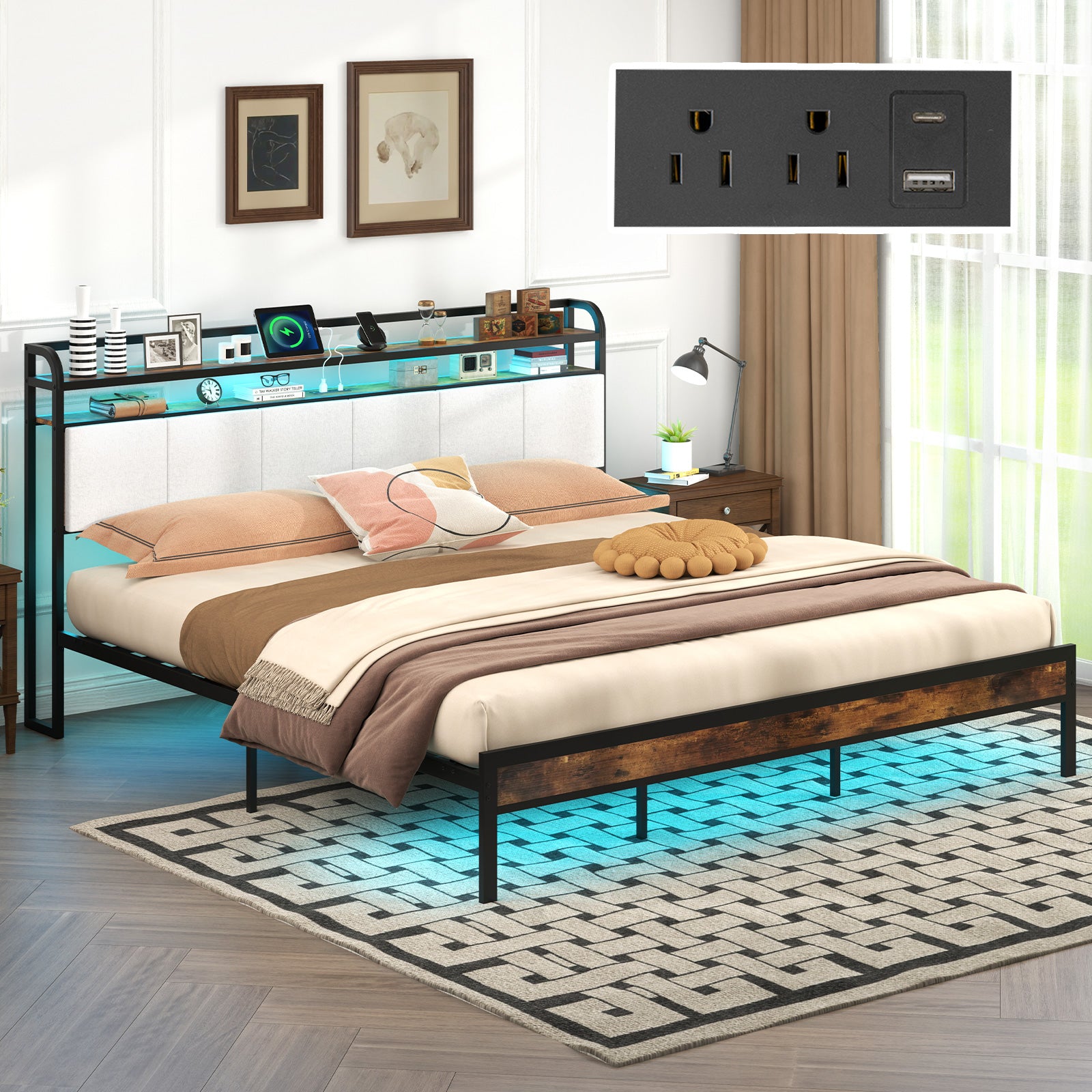 Twin/Full/Queen/King Size Bed Frame with LED Light and Charging Station-King Size, Gray Simple Bed Frame at Gallery Canada