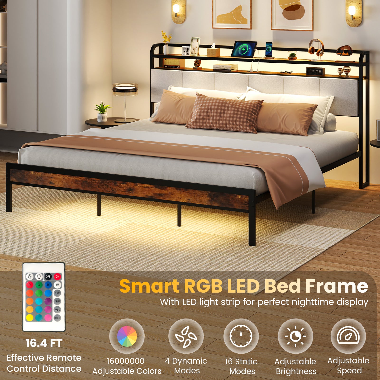 Twin/Full/Queen/King Size Bed Frame with LED Light and Charging Station-King Size, Gray Simple Bed Frame at Gallery Canada