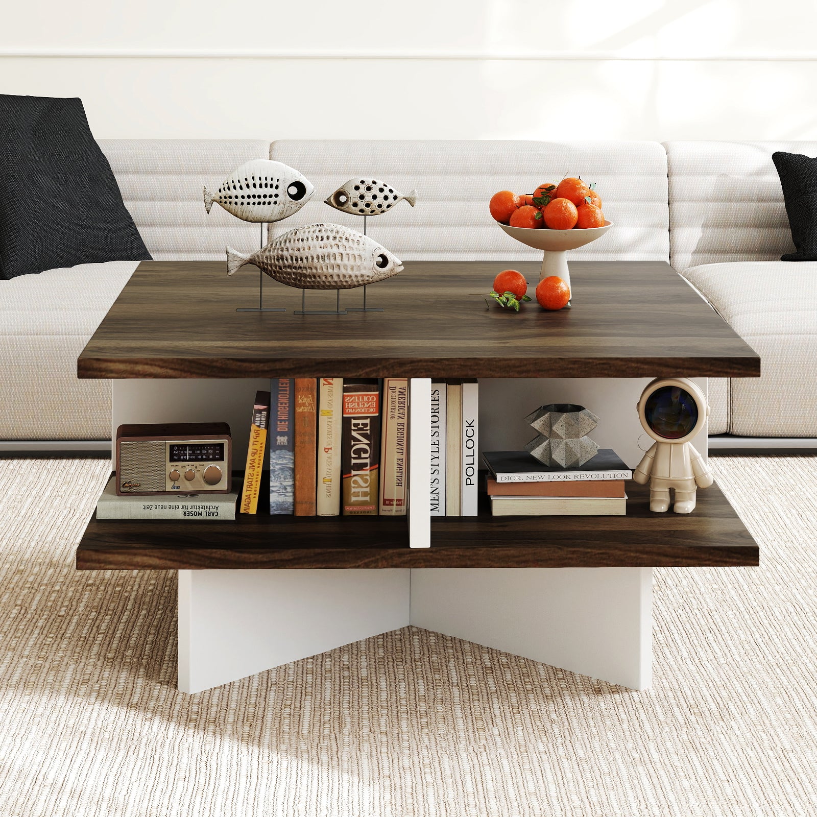 2-Tier Square Coffee Table with 4 Storage Compartments, Walnut Coffee Tables at Gallery Canada