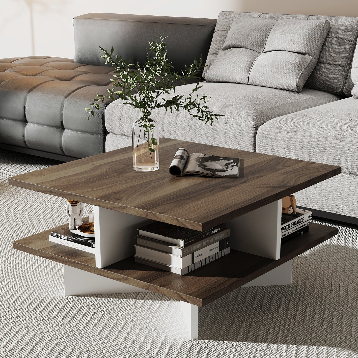 2-Tier Square Coffee Table with 4 Storage Compartments, Walnut Coffee Tables at Gallery Canada