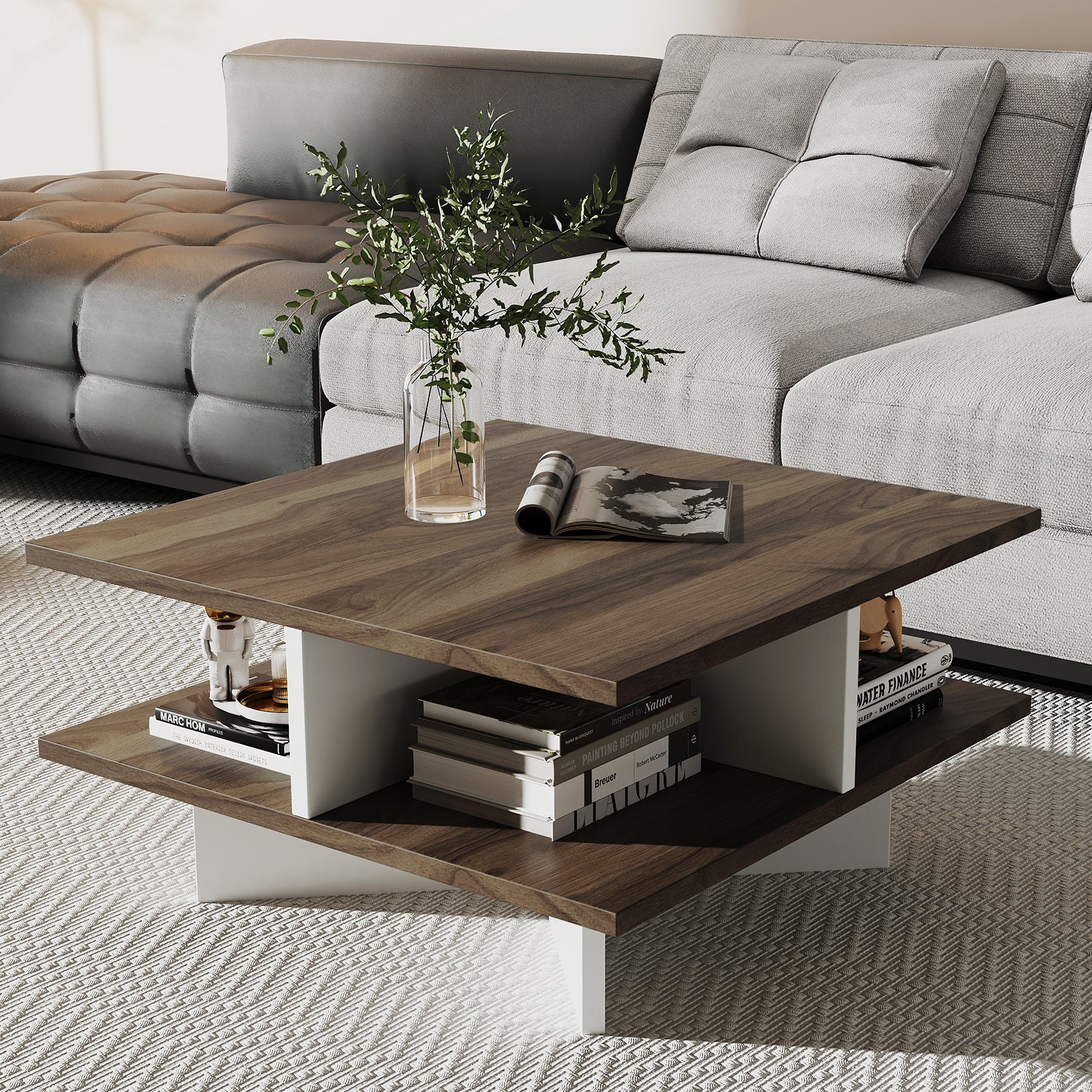 2-Tier Square Coffee Table with 4 Storage Compartments, Walnut Coffee Tables at Gallery Canada