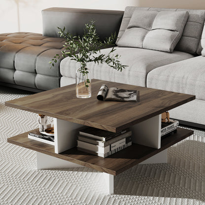 2-Tier Square Coffee Table with 4 Storage Compartments, Walnut Coffee Tables at Gallery Canada
