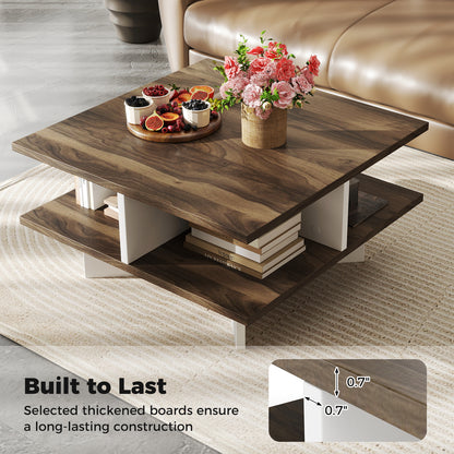 2-Tier Square Coffee Table with 4 Storage Compartments, Walnut Coffee Tables at Gallery Canada