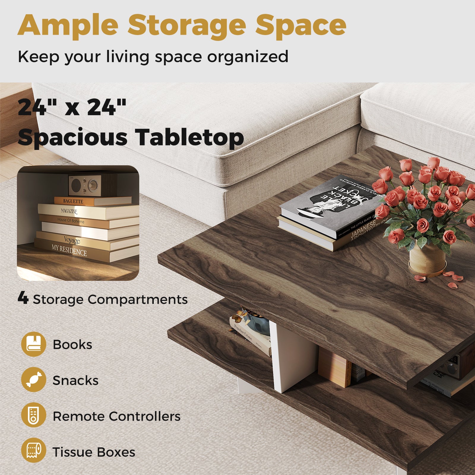 2-Tier Square Coffee Table with 4 Storage Compartments, Walnut Coffee Tables at Gallery Canada