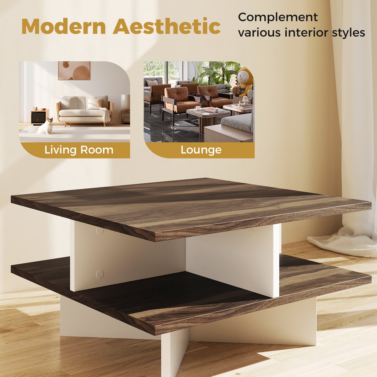 2-Tier Square Coffee Table with 4 Storage Compartments, Walnut Coffee Tables at Gallery Canada