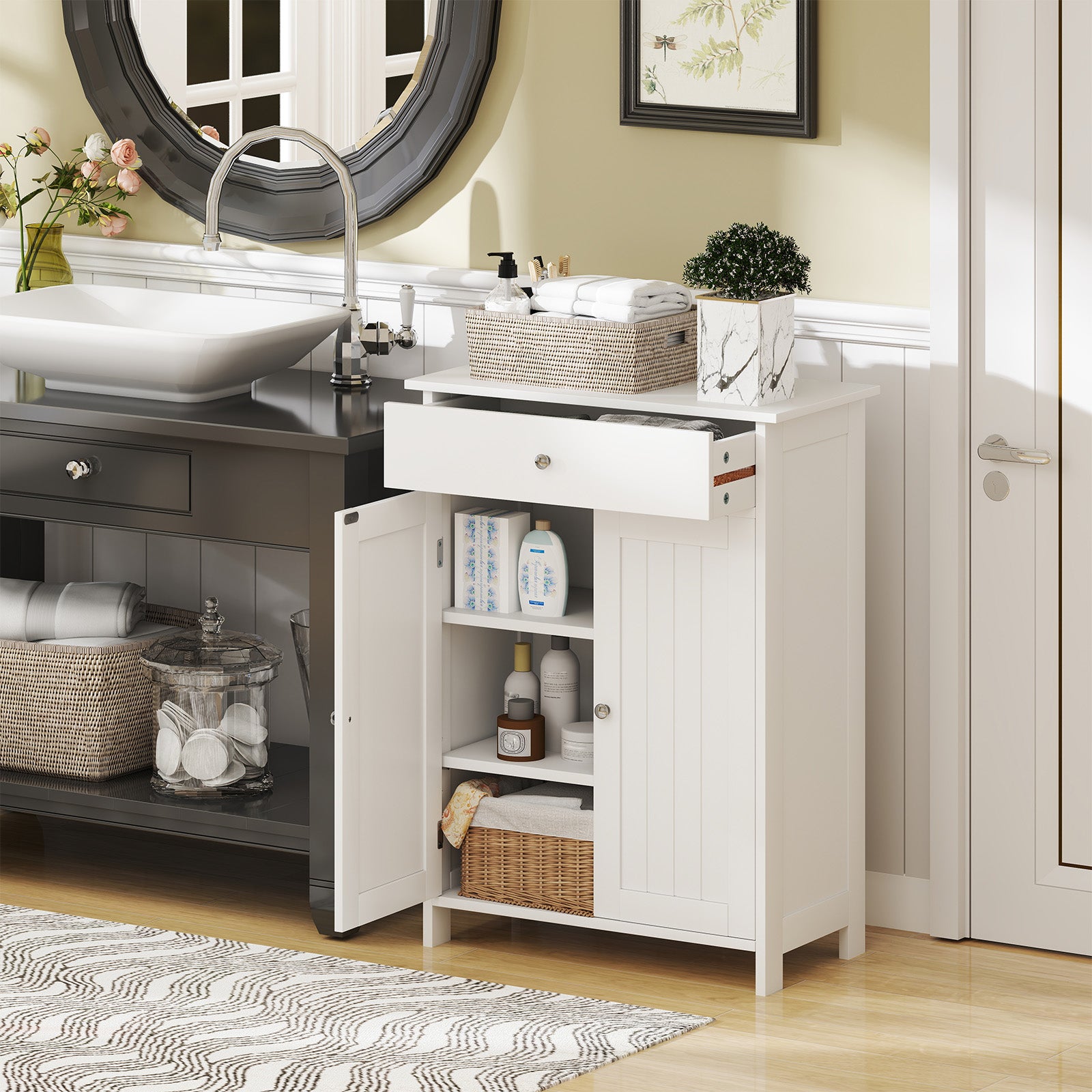 Bathroom Floor Cabinet Freestanding Storage Organizer with 2 Doors, White Floor Cabinets at Gallery Canada