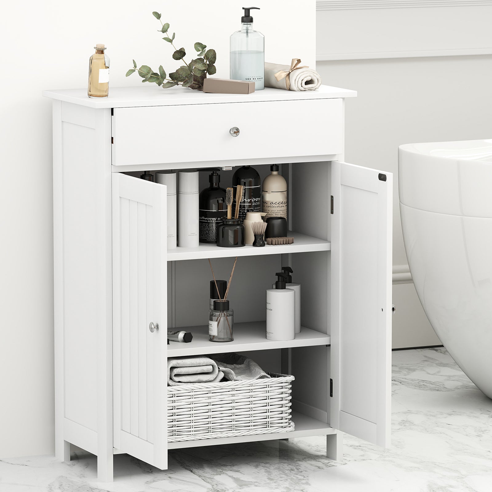 Bathroom Floor Cabinet, Freestanding Storage Organizer, 2 Doors, White Floor Cabinets at Gallery Canada