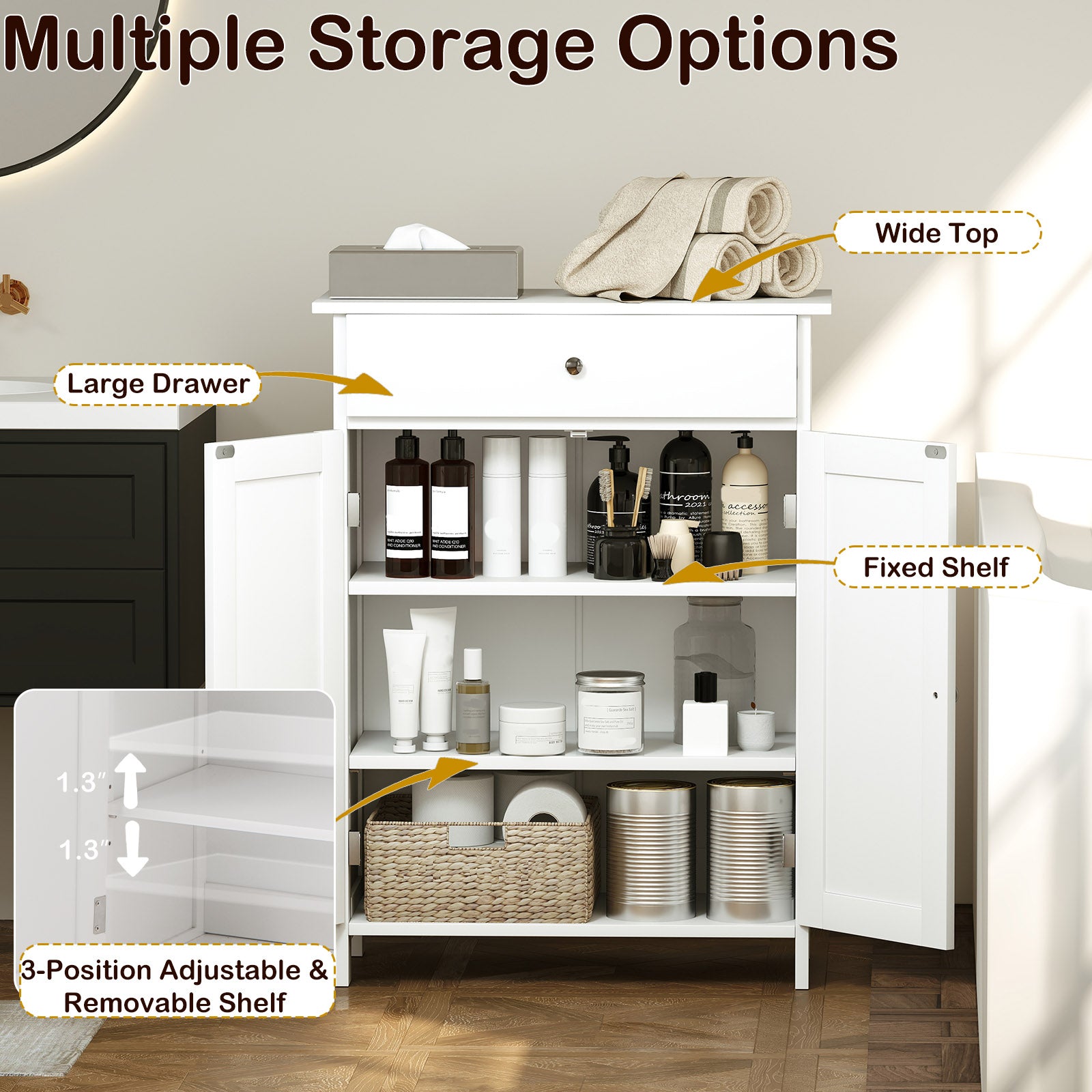 Bathroom Floor Cabinet Freestanding Storage Organizer with 2 Doors, White Floor Cabinets at Gallery Canada