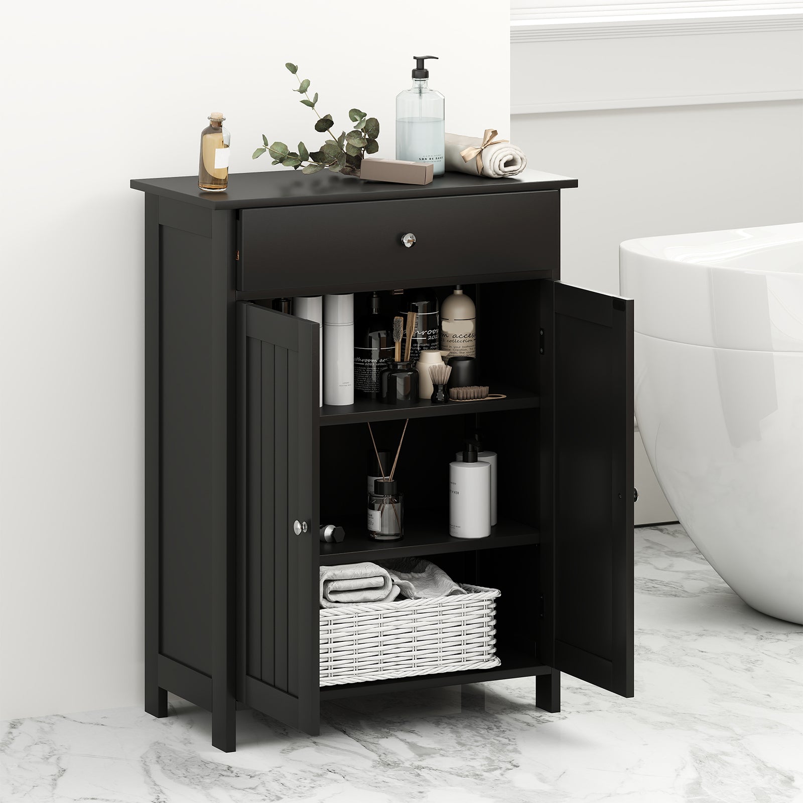 Bathroom Floor Cabinet Freestanding Storage Organizer with 2 Doors, Black Floor Cabinets at Gallery Canada