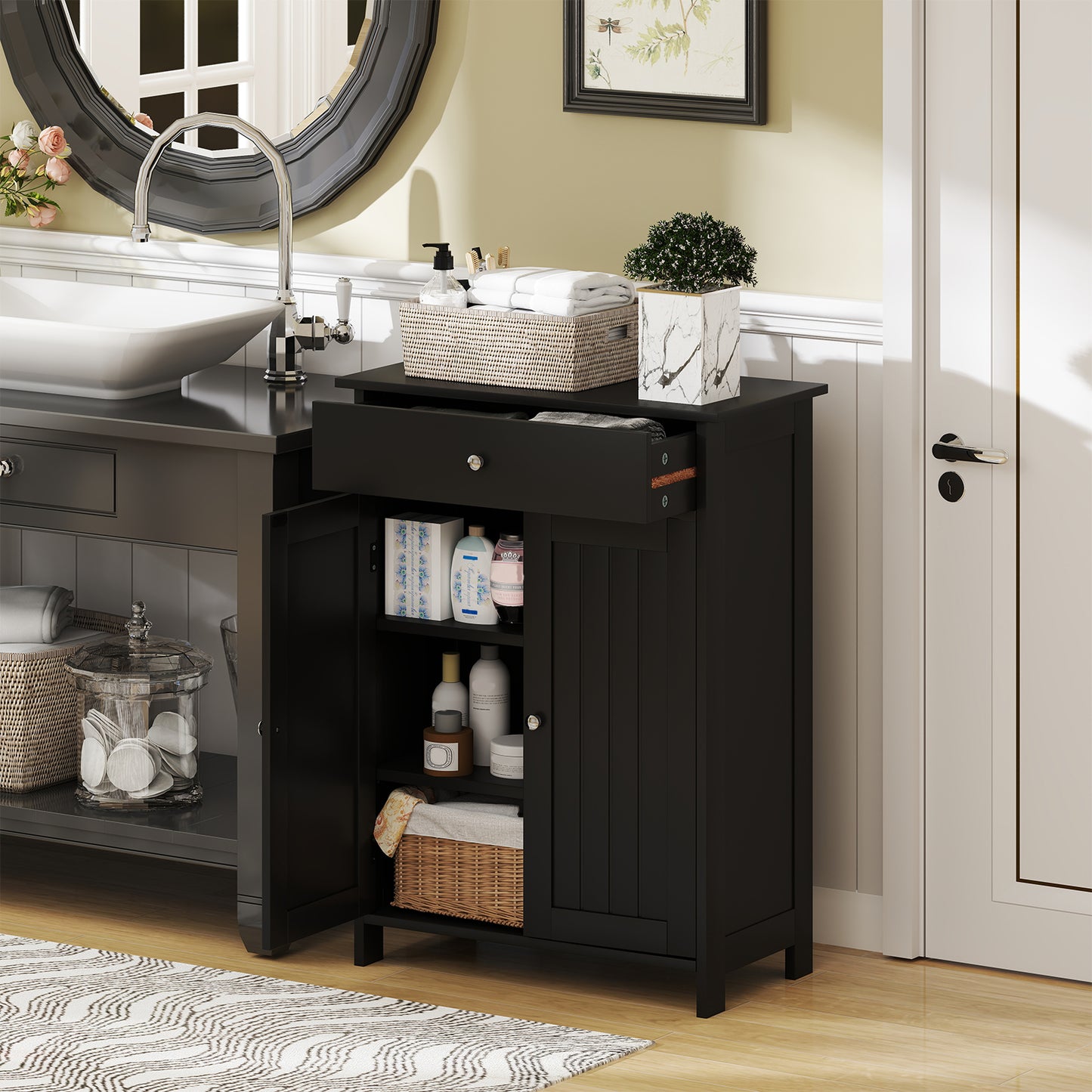Bathroom Floor Cabinet Freestanding Storage Organizer with 2 Doors, Black Floor Cabinets at Gallery Canada