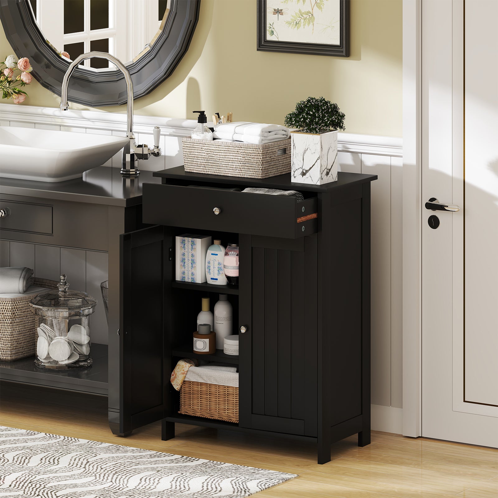Bathroom Floor Cabinet Freestanding Storage Organizer with 2 Doors, Black Floor Cabinets at Gallery Canada