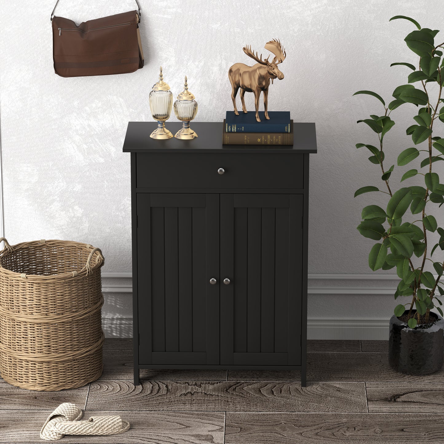 Bathroom Floor Cabinet Freestanding Storage Organizer with 2 Doors, Black Floor Cabinets at Gallery Canada