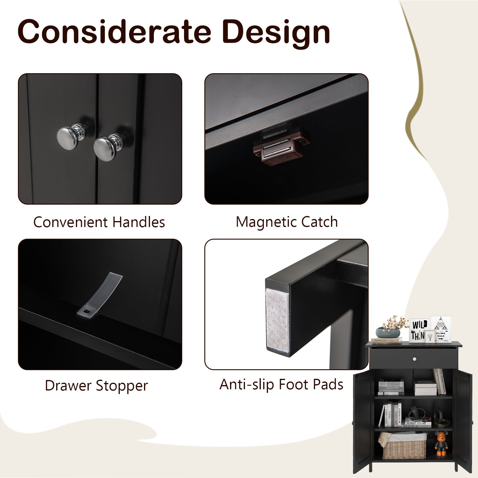 Bathroom Floor Cabinet Freestanding Storage Organizer with 2 Doors, Black Floor Cabinets at Gallery Canada