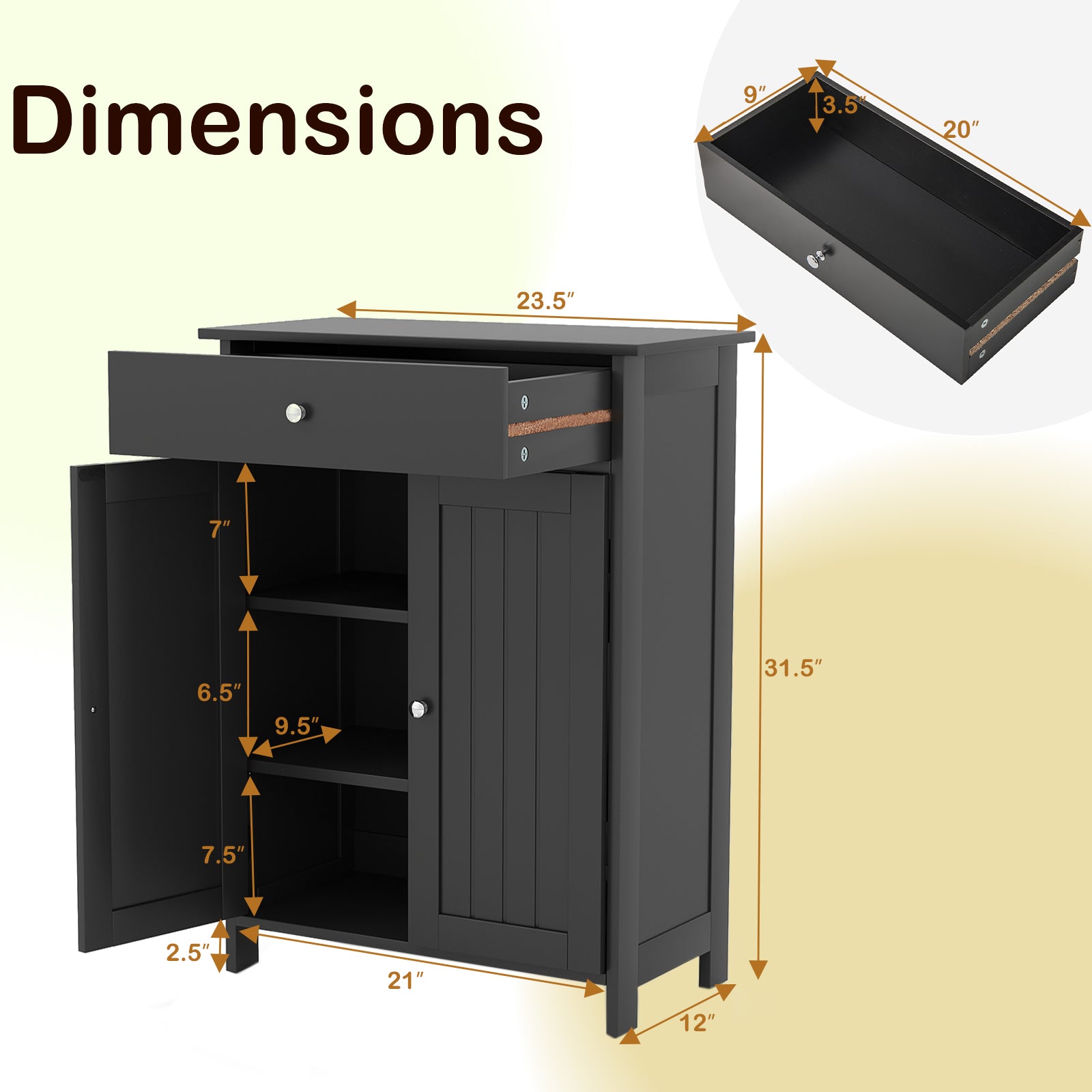 Bathroom Floor Cabinet Freestanding Storage Organizer with 2 Doors, Black Floor Cabinets at Gallery Canada