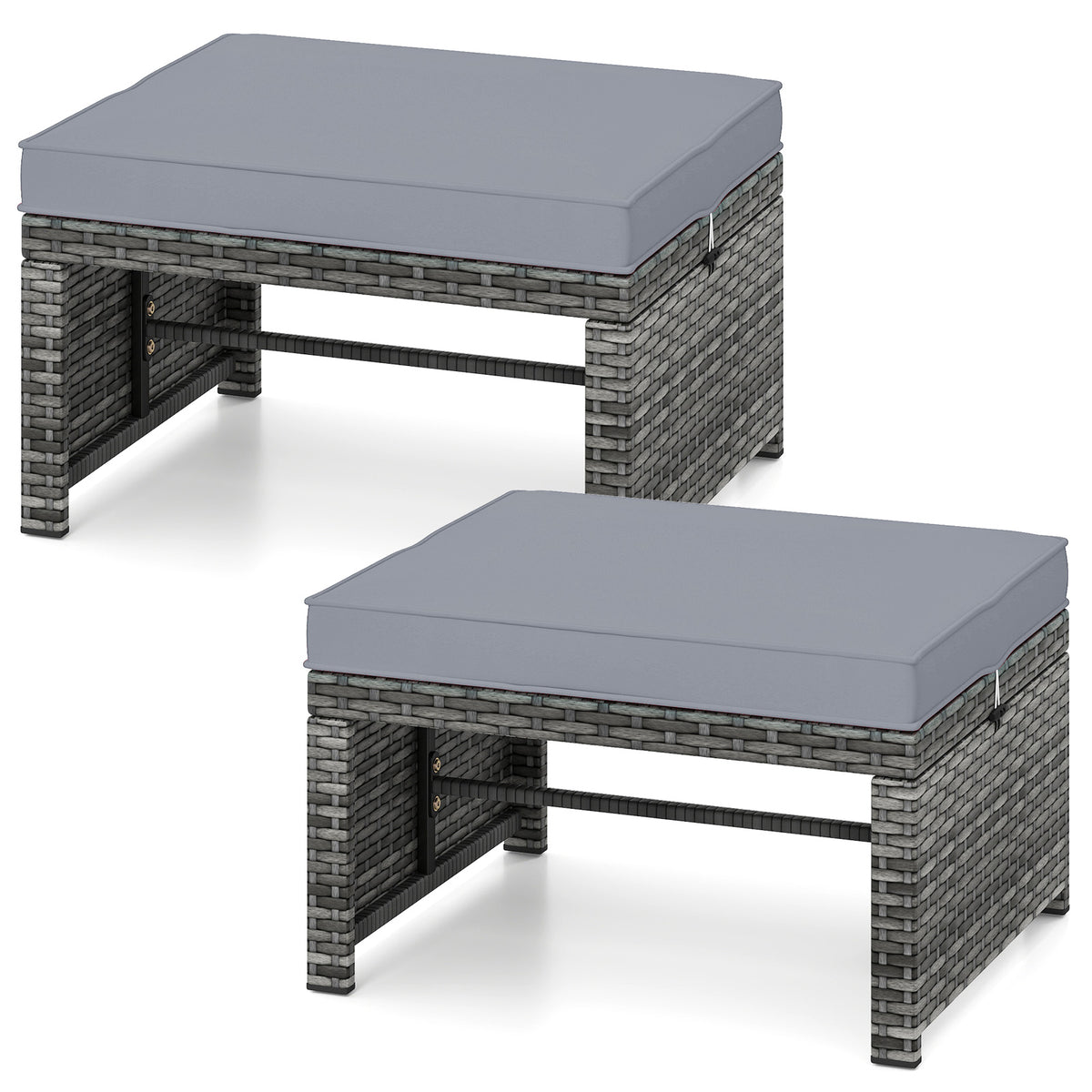 2 Pieces Patio PE Rattan Ottomans, With Zippered Cushions, Gray Outdoor Seating & Patio Chairs at Gallery Canada